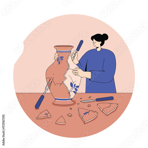 Repairing Woman repairs shattered vase with tools, surrounded by fragments