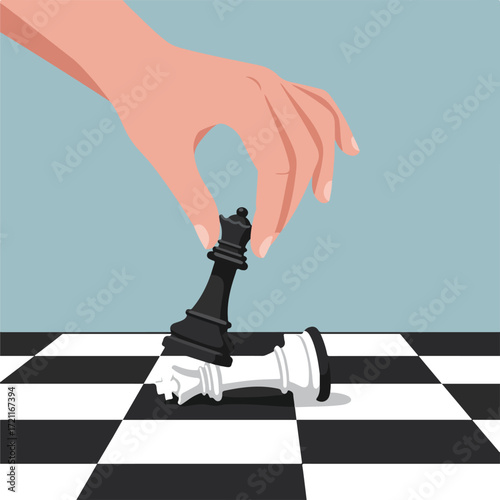 Chess Hand hovering over a black queen piece, overthowing the fallen white queen