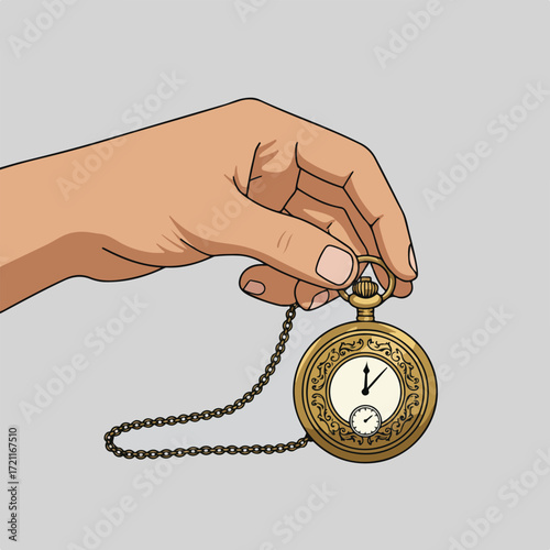 Hand holding a gold pocket watch with intricate details, chain attached