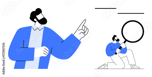 Businessmen working as a team with one leader pointing forward and another kneeling with a magnifying glass. Ideal for teamwork, leadership, analysis, guidance, collaboration, strategy, research