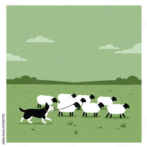 Herding. Dog guides sheep through a green field under a pale green sky, simple shapes