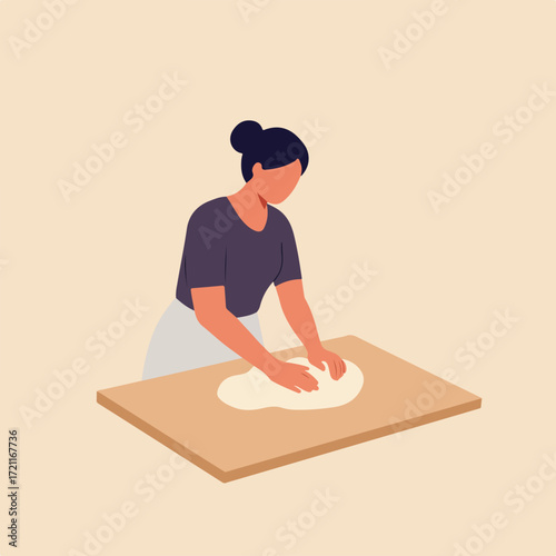 Woman kneading dough on a wooden board in a simple, flat illustration