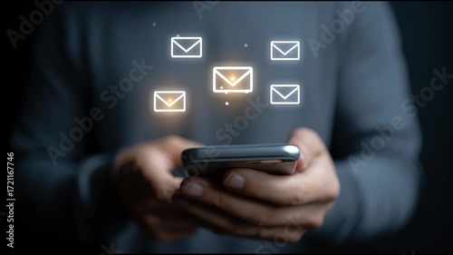Person holding smartphone with email notifications displayed.