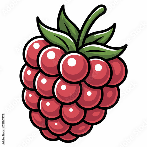 Illustration of a fresh ripe red raspberry with green leaves on a clean white background perfect for design and creative projects