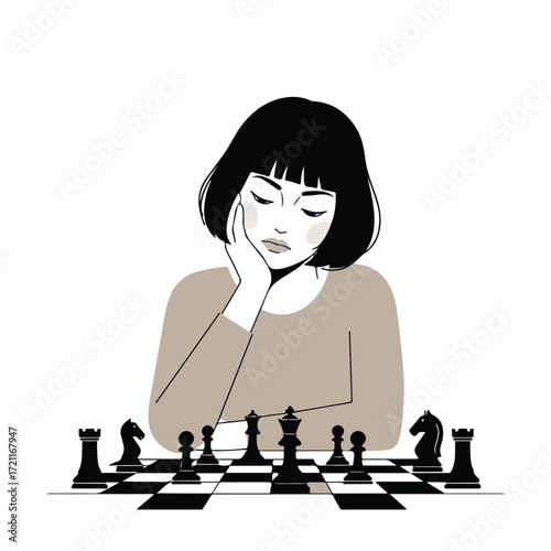 Pensive woman with bob contemplates chess board on a black and white checkered surface