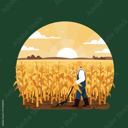 Farmer in cornfield at sunset, cultivating the land