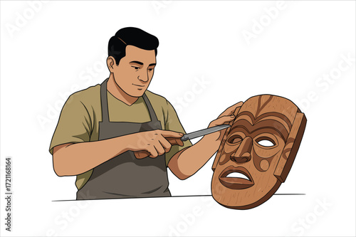 Man Carving Detailed Wooden Mask