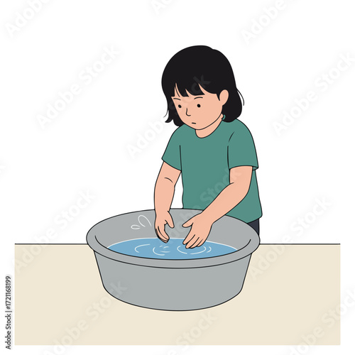 Illustration of a child washing their hands in a basin of water
