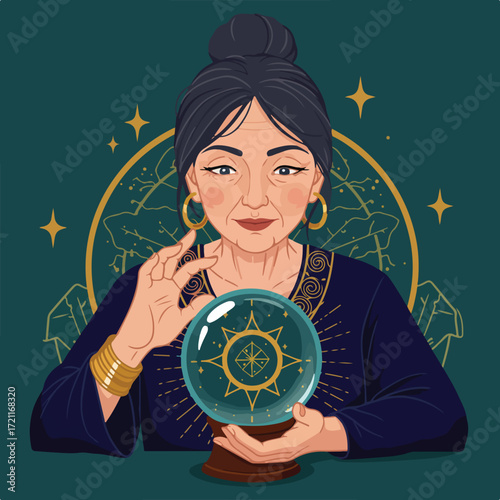 Fortune teller woman with crystal ball against celestial background art