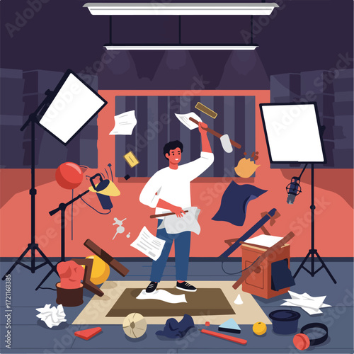 Person in cluttered studio juggling props with lights and mic setups around them