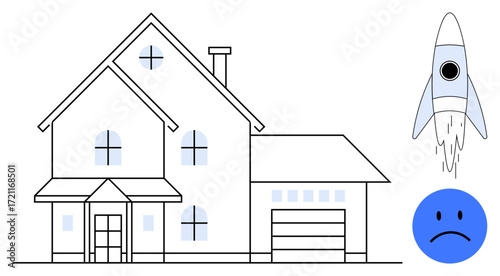 Large two-story house with chimney, garage, and arched windows rocket launching upward and sad emoticon. Ideal for innovation, change, emotions, home, duality growth or challenges in life. A simple