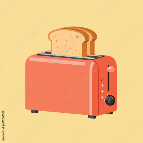 A flat graphic illustration of a red toaster with two bread slices