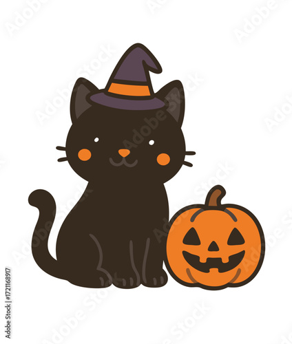 Cute black cat with witch hat and Jack-o'-lantern for Halloween