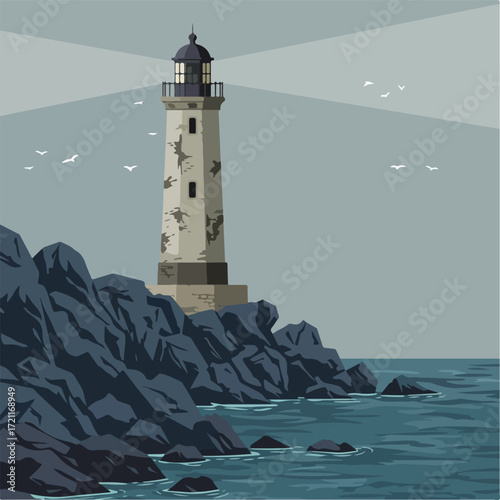Coastal lighthouse on jagged rocks, seabirds fly under pale light beams