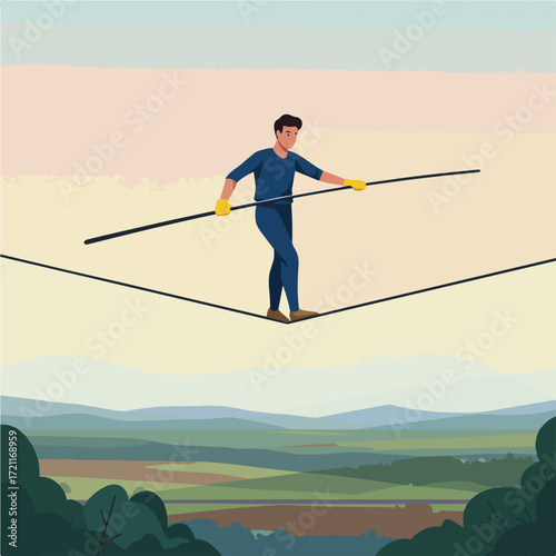 Acrobat balances on tightrope with a pole, overlooking hills at dusk