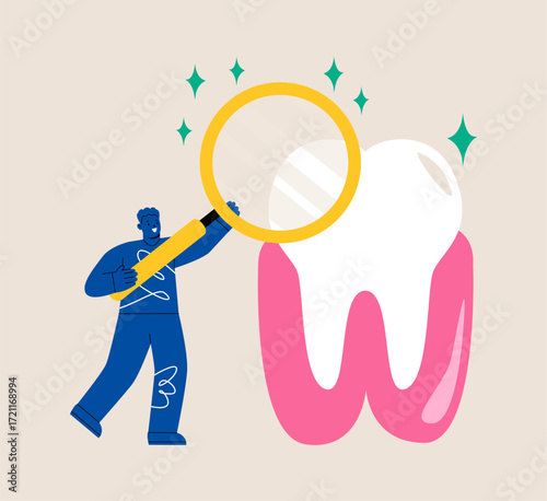 Dental services vector concept. Man holding magnifying glass checking huge tooth. Colorful vector illustration
