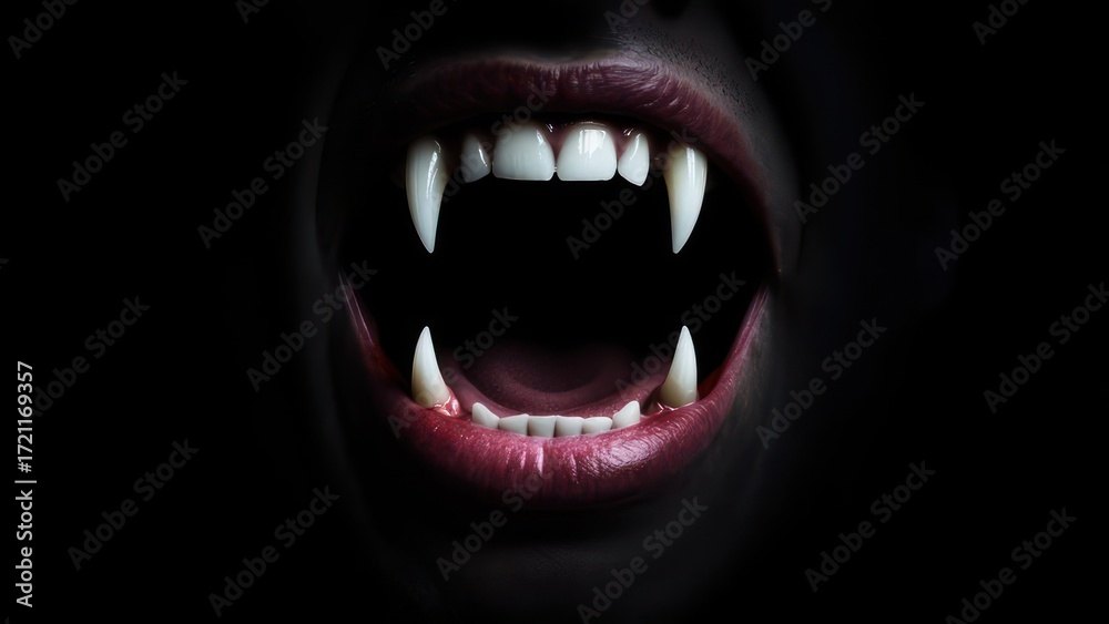 Fototapeta premium A wide open mouth with fangs, showing teeth