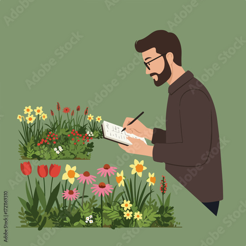 Person with notepad and pen inspects colorful flower garden on green background