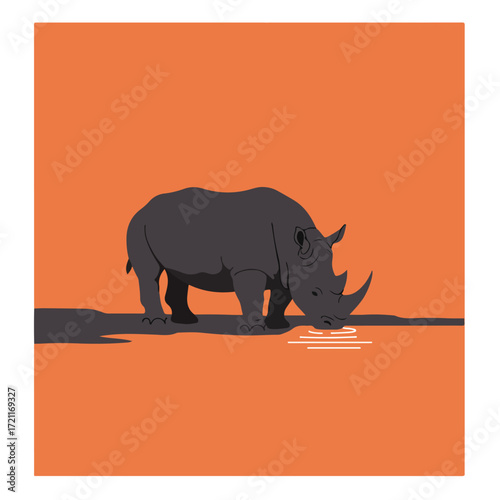 Simplified rhino drinking, flat orange background, shadow