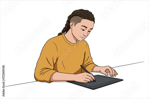 Artist Creates Digital Illustration Using Graphics Tablet
