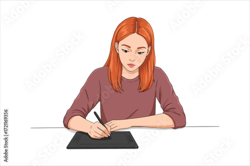 A woman is drawing on a digital tablet