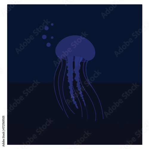 Blue jellyfish with bubbles in dark ocean, stylized, against dark background