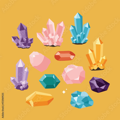 Collection of flat-style crystals in various shapes, sizes, and colors