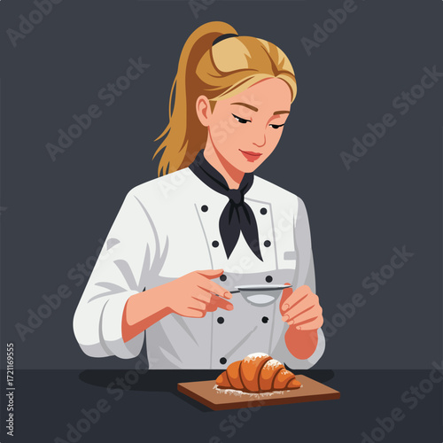 Pastry chef sprinkles powdered sugar on a croissant