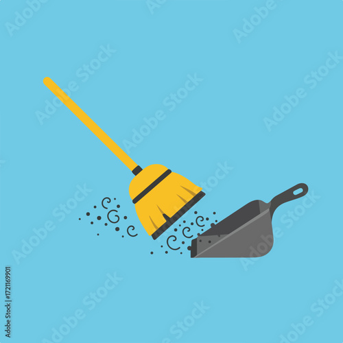 Cleaning icon featuring a yellow broom sweeping debris into a grey dustpan