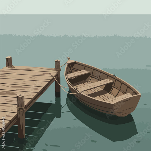 Docked rowboat on calm water with a wooden pier; muted tones, vector style