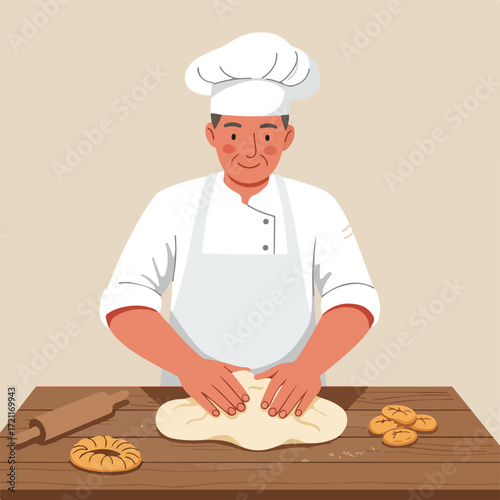 Cartoon chef kneading dough on a wood table with pastries nearby