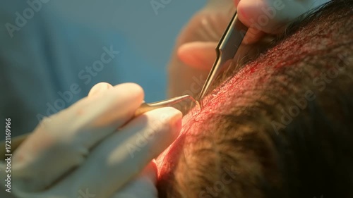 Surgeon makes hair transplantation on head of bald man, alopecia cure in clinic. Operation transplants hair grafts to head scalp uses tweezers on surgery. Problem male baldness, treatment in hospital.