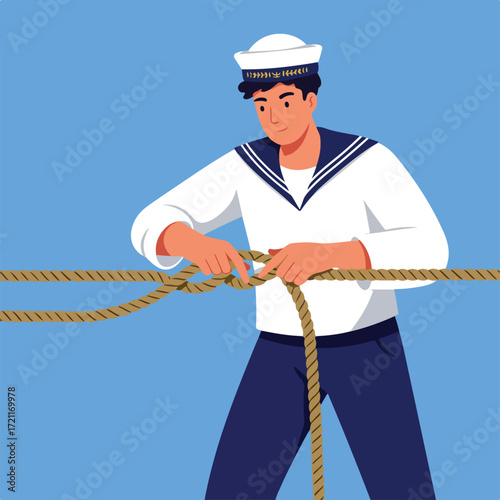 Sailor tying a knot with rope, wearing hat and uniform, on blue background