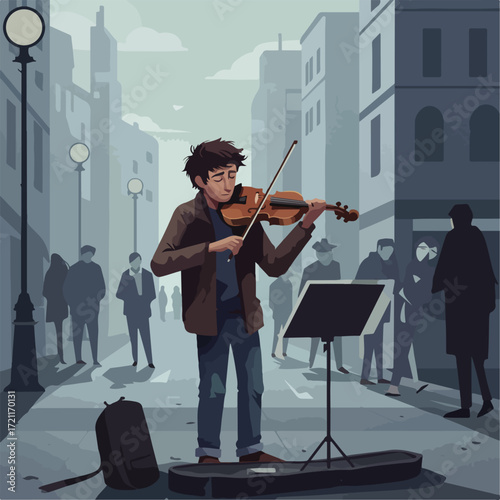 Street musician plays violin amid urban backdrop and strolling pedestrians.