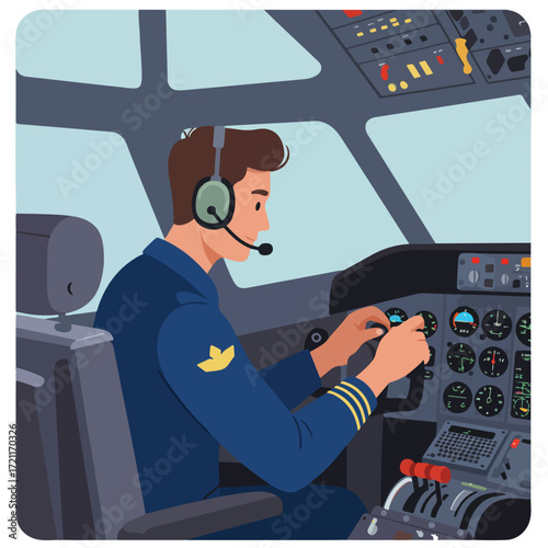 Pilot in cockpit adjusting instruments, wearing blue uniform & headset