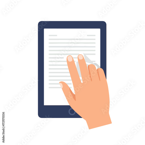 Hand gestures scrolling on tablet showing text lines