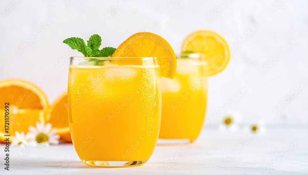 Fototapeta premium Two glasses of orange juice, garnished with orange slices and mint, sit on a light surface