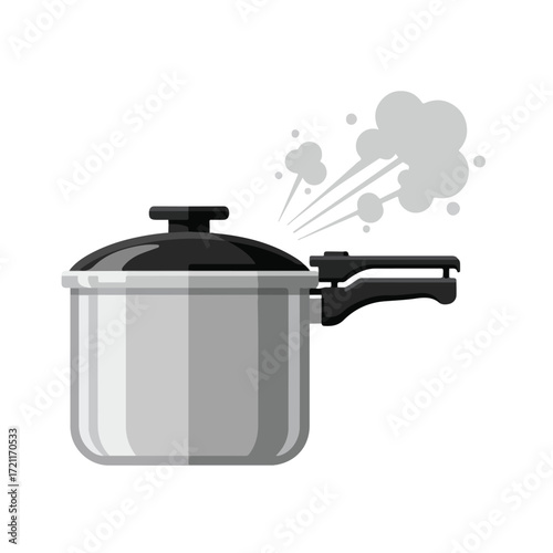 Steel pressure cooker with steam, black lid, handle, gray body, white backdrop