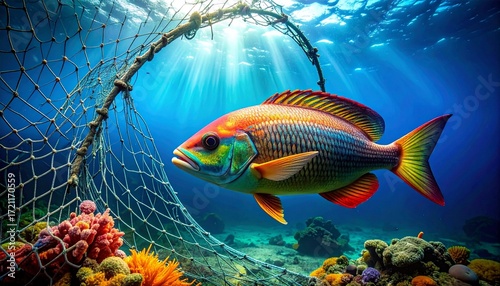 Colorful Fish Near Coral Reef and Fishing Net Underwater