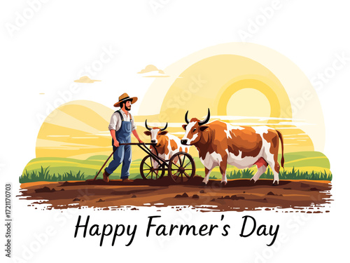 Flat vector of a farmer plowing with oxen at sunrise and text Happy Farmer’s Day, perfect for agriculture celebration and farmer appreciation themes