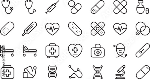 Collection of black line art medical healthcare icons on white background medical icon stethoscope