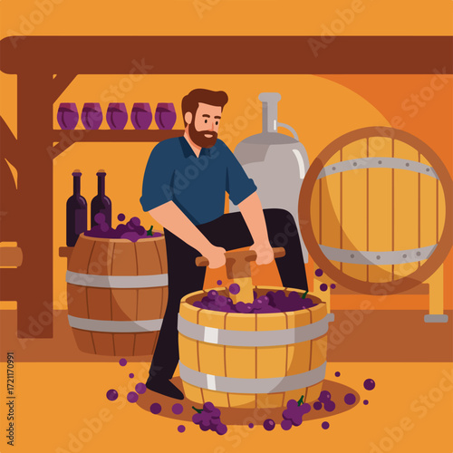 Winemaker pressing grapes in barrels, cellar with wine bottles and glasses