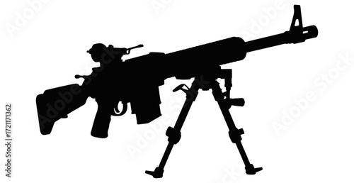 Silhouette of a heavy machine gun mounted on a tripod stand against a white background view