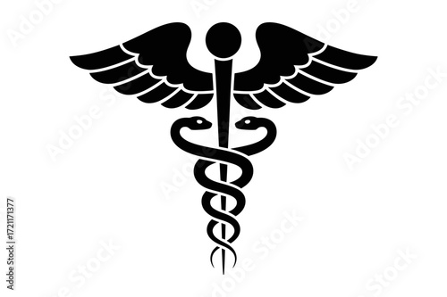 Illustration of a black caduceus symbol with wings and two snakes entwined around a staff design