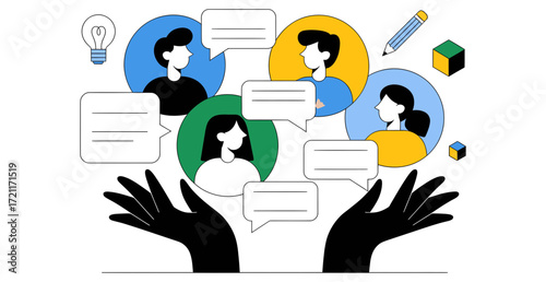 Illustration of hands holding up diverse people with speech bubbles and creative elements