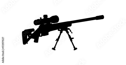 Silhouette of a sniper rifle with bipod and scope, depicted in stark black against white backdrop
