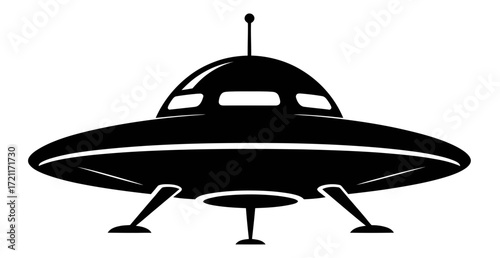 A monochrome illustration of a classic flying saucer with landing gear and antenna on top
