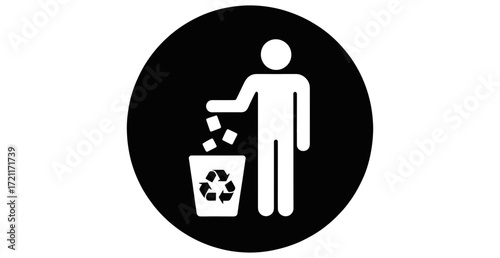 Person throwing trash into a recycling bin inside of a black oval shaped background design