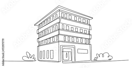 Continuous line drawing of a multi story building with windows and some shrubbery around it