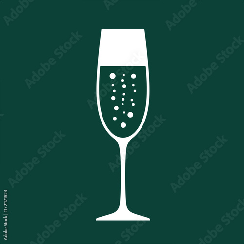 Champagne flute icon with bubbles, white against dark green background